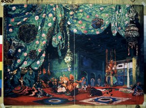 Definido para o balé ""Sheherazade"" de Nicolas (Nikolai) Rimski Korsakov (Rimski-Korsakov) (1844-1908) de Depois dos Contos das Mil e Uma Noites. (Cenografia para o balé Sheherazade de N.Rimsky Korsakov (Rimsky-Korsakov). Desenho de Leon Bakst (1866-1). de Leon Bakst