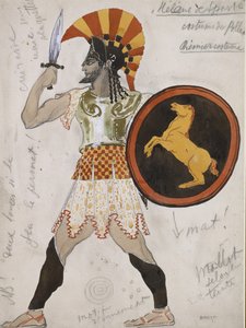 Design para o traje de Pollux em &39;Hélène de Sparte&39; (grafite e aguarela com tinta dourada sobre papel branco) de Leon Bakst