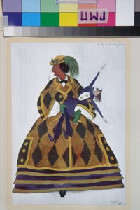 A inglesa, figurino para o balé la boutique fantasque de Gioachino Rossini - Obra de Leon Bakst (1866-1924), litografia 1919 - (Figurino para o balé ""The Magic Toy Shop"" de Gioachino Rossini, de Leon Bakst, Cor litografia de Leon Bakst