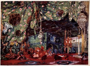 Cenografia de Leon Bakst (1866-1924), pintor e decorador russo para a ópera "Scheherazade" (Sheherazade) de Nicholas (Nikolai) Rimski Korsakov (Rimski-Korsakov) (1844-1908). de Leon Bakst