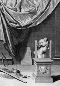 Tratamentos de arquitetura, busto de uma estátua clássica e ferramentas arquitetônicas: quadro retirado de "De Architectura Libri decem" de Leon Battista Alberti (1404-1472), arquiteto, matemático, poeta italiano da Renascença, Londres