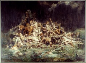 O Dilúvio Um grupo de corpos de seres humanos e animais sob as correntes de chuva da raiva do céu, alguns já estão afogados, outros gritam a sua angústia. Pintura de Leon Comerre (1850-1916) 1911 Sol. 3,45x4,48 m Nantes, Musee des Beaux Arts