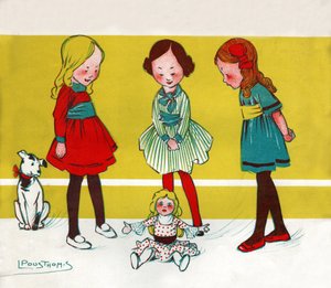 Raparigas a brincar aos bonecos. (Ilustração,; ca. 1910)