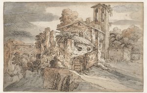 Igreja e ruínas antigas em Itália de Leonaert Bramer (attributed to)