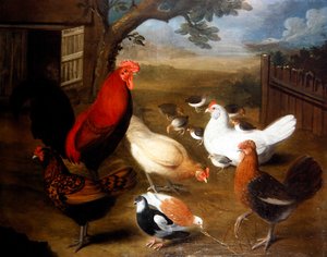 Uma Cena no Estaleiro da Fazenda com um Galo (óleo sobre tela) de Leonard Hubner