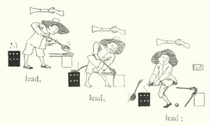 Havia um homenzinho, e ele tinha uma pequena arma, e as suas balas eram feitas de chumbo, chumbo, chumbo (gravura) de Leonard Leslie Brooke