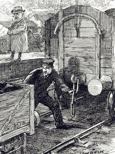 Uma banda desenhada que comenta os acidentes dos trabalhadores dos caminhos-de-ferro. Ilustrado por Leonard Raven-Hill (1867-1942), artista, ilustrador e cartoonista inglês, século XX de Leonard Raven Hill