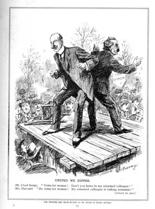 Lloyd George e Harcourt, ambos ministros do governo liberal, discordam em dar votos às mulheres, 1910 de Leonard Raven Hill