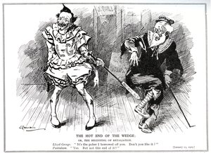 Lloyd George, como presidente da Junta Comercial, protegendo a indústria britânica contra a concorrência alemã pelo "Patents and Designs Act" de 1907, 1909 de Leonard Raven Hill