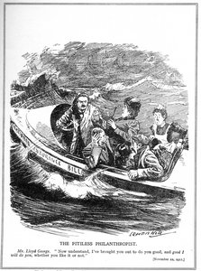Lloyd George, retratado como um marinheiro salva-vidas, enfrenta oposição ao seu National Insurance Act, 1911
