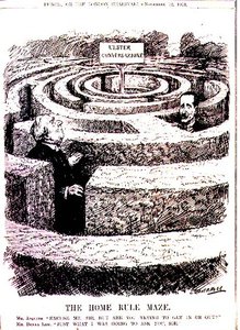 O Labirinto do Regra de Casa. Sr. Asquith: "Desculpe, senhor, mas está a tentar entrar ou sair?" Mr. Bonar Law: "Exactamente o que lhe ia perguntar, senhor" da revista 
