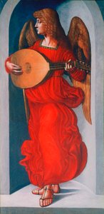 Um anjo de vermelho com alaúde, 1490-1499 de Leonardo da Vinci