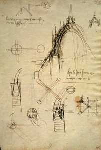 Detalhes arquitectónicos e secção da cúpula do Duomo em Milão, f41 do Código Trivulzianus de Leonardo da Vinci