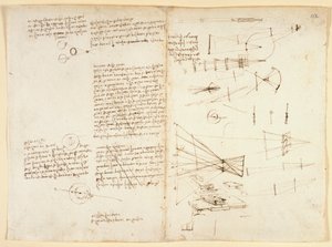 Arundel 263 f.115v, f.112 Notas, esboços e um diagrama sobre as propriedades do olho, c.1490 (caneta e tinta sobre papel) de Leonardo da Vinci