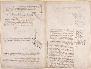 Arundel 263, f.120v, f.121 Notas e diagramas sobre mecânica, relativos à velocidade dos líquidos, c.1503-6 (caneta e tinta sobre papel) de Leonardo da Vinci