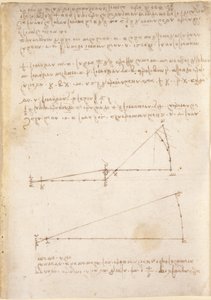 Arundel 263, f.214 Desenhos sobre os poderes e forças mecânicos, percussão, gravidade, movimento, óptica e astronomia, com várias propostas aritméticas e geométricas (caneta e tinta sobre papel) de Leonardo da Vinci