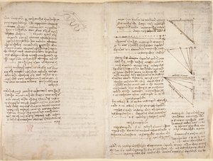 Arundel 263, f.216v, f.217 Notas e esboços do "Codex Arundel" (caneta e tinta sobre papel) de Leonardo da Vinci