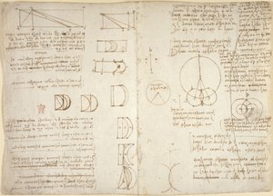 Arundel 263, f.222v, f.219, Desenhos sobre os poderes e forças mecânicos, percussão, gravidade, movimento, óptica e astronomia, com várias propostas aritméticas e geométricas (caneta e tinta sobre papel) de Leonardo da Vinci