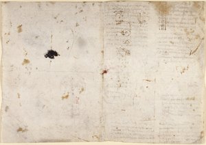Arundel 263, f.225v, f.230 Desenhos sobre os poderes e forças mecânicos, percussão, gravidade, movimento, óptica e astronomia, com várias propostas aritméticas e geométricas (caneta e tinta sobre papel) de Leonardo da Vinci