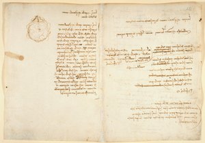 Arundel 263 f.236v, f.233 Notas sobre a água; esboço que ilustra o globo terrestre, do "Codex Arundel" (caneta e tinta sobre papel) de Leonardo da Vinci