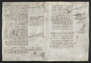 Arundel 263, f.246v Desenhos sobre os poderes e forças mecânicos, percussão, gravidade, movimento, óptica e astronomia, com várias propostas aritméticas e geométricas, ilustração do "Livro de observações" de Leonardo (tinta sobre papel) de Leonardo da Vinci