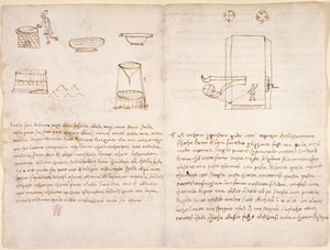 Arundel 263, f.259v, f.260 Notas e esboços grosseiros sobre o processo de produção de salitre para preparar pólvora (não na mão de Leonardo) (caneta e tinta sobre papel) de Leonardo da Vinci