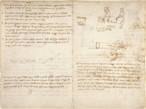 Arundel 263, f.260v Cinco métodos de preparação de diferentes tipos de cola e o processo de recozimento do ferro, acompanhados de esboços brutos (não na mão de Leonardo) do 