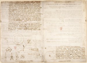 Arundel 263, f.266v, f.267 Notas sobre cosmologia (de cabeça para baixo); diagramas que ilustram as observações de Leonardo sobre o centro de gravidade, de "Codex Arundel", c.1506-8 (caneta e tinta sobre papel) de Leonardo da Vinci
