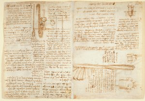 Arundel 263 f.269v, f.264 Notas e esboço num dispositivo hidráulico, do "Codex Arundel" (caneta e tinta sobre papel) de Leonardo da Vinci