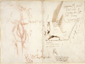 Arundel 263, f.275v, f.274 Esboço planimétrico do rio Arno; notas sobre distâncias e direcções de Leonardo da Vinci