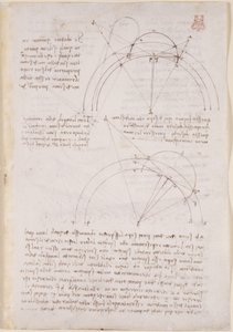 Arundel 263, f.28 Notas e diagramas geométricos sobre óptica, referentes ao problema de Alhazen de Leonardo da Vinci