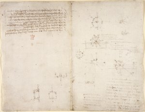 Arundel 263, f.35v, f.34 Desenhos sobre os poderes e forças mecânicos, percussão, gravidade, movimento, óptica e astronomia, com várias proposições aritméticas e geométricas. de Leonardo da Vinci