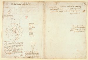 Arundel 263 f.44v, f.59 Esboço de um olho e nariz de um rosto de perfil; notas sobre a água, do 