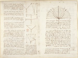 Arundel 263, f.5v, f.10v Notas e diagramas sobre mecânica de Leonardo da Vinci