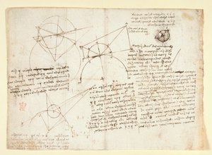 Arundel 263, f.64v O lado verso de uma única folha grande, anteriormente atada ao longo da margem direita e dobrada no caderno. Notas e diagramas sobre a óptica, relativos ao problema de Alhazen; esboço esquemático de um globo ocular acompanhado de notas r de Leonardo da Vinci