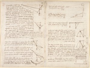 Arundel 263, f.7v, f.8 Notas e diagramas sobre mecânica de Leonardo da Vinci