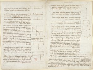 Arundel 263, f.8v, f.7 Notas e diagramas sobre mecânica de Leonardo da Vinci