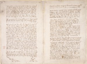 Arundel 263, ff.16v-17, notas e diagramas de Leonardo da Vinci do 