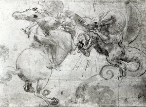 Batalha entre um Cavaleiro e um Dragão, c.1482 (caneta estilizada, caneta e pincel no papel) de Leonardo da Vinci