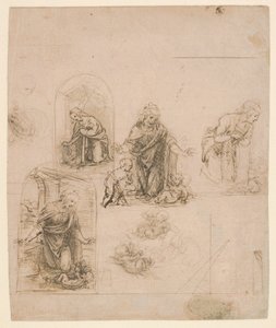 Esboços de composição para a Virgem adorando o Menino Jesus, com e sem o pequeno São João Batista; diagrama de uma projeção em perspetiva (recto); leves rabiscos (verso) de Leonardo da Vinci