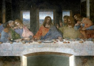 Detalhe do Cene (Il Cenacolo (Ultima Cena)) representando à esquerda os Apoles Judas, Pedro e João, Cristo no centro e os Apoles Tomás, Tiago o Major e Filipe. A letra V entre João e Cristo referir-se-ia ao cálice do Graal ou th de Leonardo da Vinci