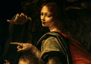 Detalhe da Virgem com Rochas, São João Batista apontando o dedo e a mão da Virgem Maria de Leonardo da Vinci