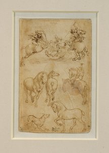 Dois cavaleiros a lutar contra um dragão; um cavaleiro e dois cavalos; um cão e um cavalo ... de Leonardo da Vinci