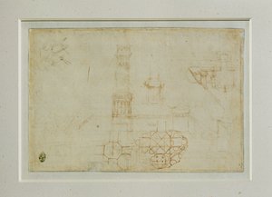 Dois estudos de um edifício com uma planta central ... de Leonardo da Vinci