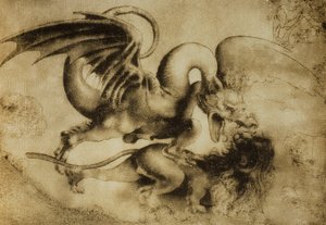 Dragão matando um leão, desenho de Leonardo da Vinci. Gabinete de Desenhos e Gravuras, Galeria Uffizi, Florença de Leonardo da Vinci