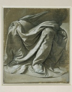 Cortinas para uma figura sentada, têmpera a pincel e cinzenta, reflexos brancos sobre tela de linho preparada em cinzento ... de Leonardo da Vinci