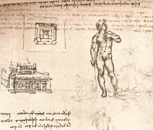 Desenho dos planos de um castelo e de uma figura nua, lavada com tinta indiana, c1472-c1519 1883 de Leonardo da Vinci