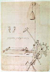 Extrato de um manuscrito de Da Vinci que descreve o princípio e a construção de uma "Máquina para entalhar ficheiros" (manuscrito) de Leonardo da Vinci