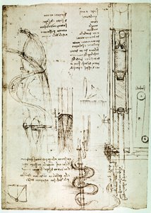 Extrato de um manuscrito de Da Vinci que descreve o princípio e a construção de um "Pile Drive (Pile Mallet)" (manuscrito) de Leonardo da Vinci