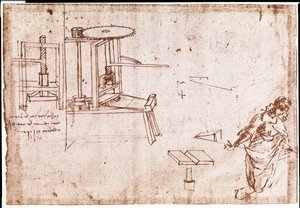 Extrato de um manuscrito de Da Vinci que descreve o princípio e a construção de uma "máquina de imprensa" para impressão (manuscrito) de Leonardo da Vinci